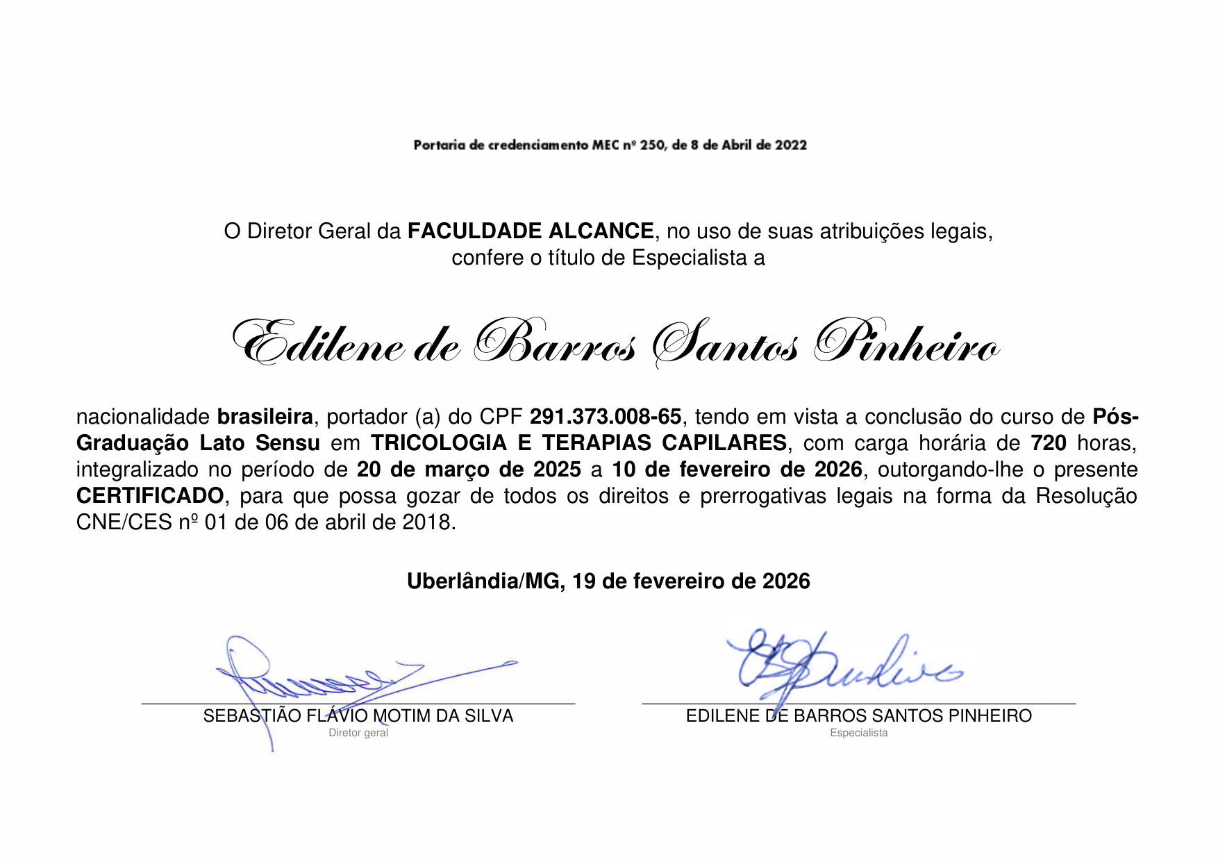 Certificado: Pós-Graduação em Tricologia e Terapias Capilares